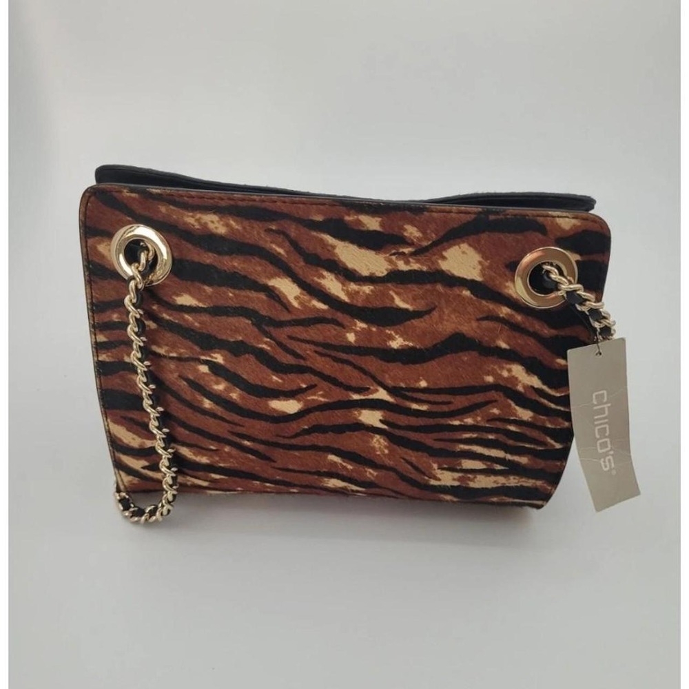 Chico Medium Crossbody Tiger Skin Purse With Gold Chain NWT